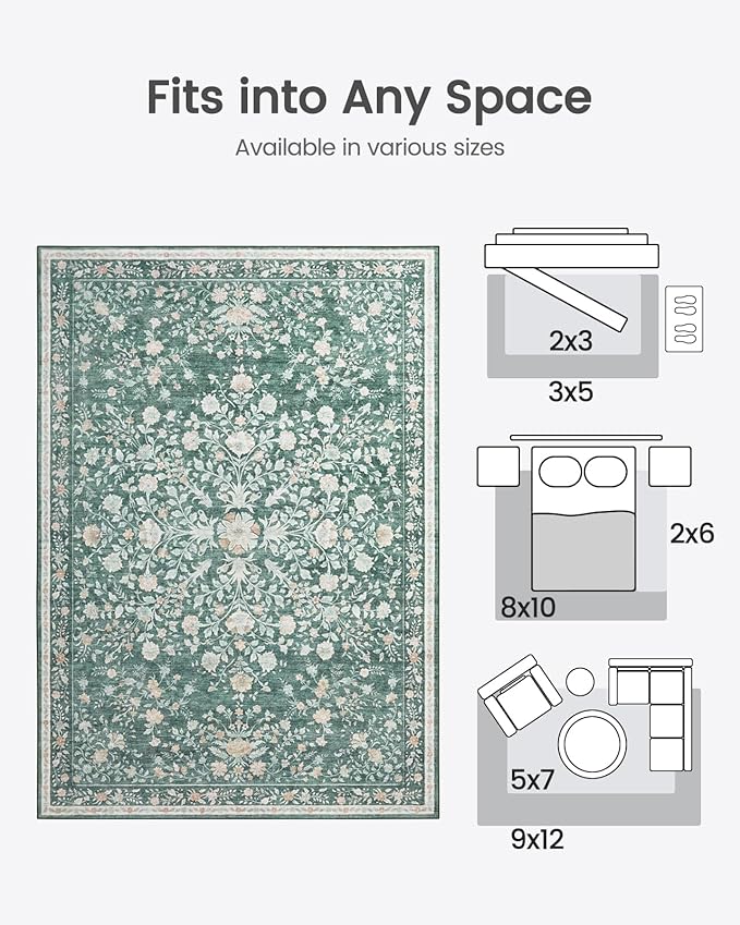 AMADA HOMEFURNISHING 8x10 Area Rugs, Washable Low-Profile Large Living Room Rug with Non-Slip Backing & Durable Edge Binding, Soft Vintage Rug for Bedroom, Dinning Room, Home Office