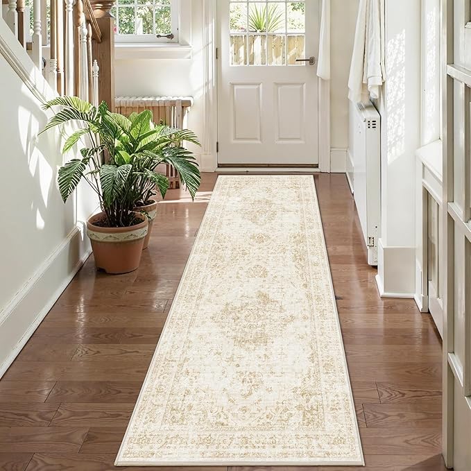 2x6 Hallway Washable Runner Rug Vintage Non-Slip Soft Kitchen Mat Boho Medallion Distressed Farmhouse Carpet Floral Low Pile Indoor Throw Rug for Entryway Bathroom Living Room Bedroom, Beige