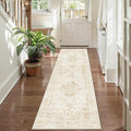 2x6 Hallway Washable Runner Rug Vintage Non-Slip Soft Kitchen Mat Boho Medallion Distressed Farmhouse Carpet Floral Low Pile Indoor Throw Rug for Entryway Bathroom Living Room Bedroom, Beige