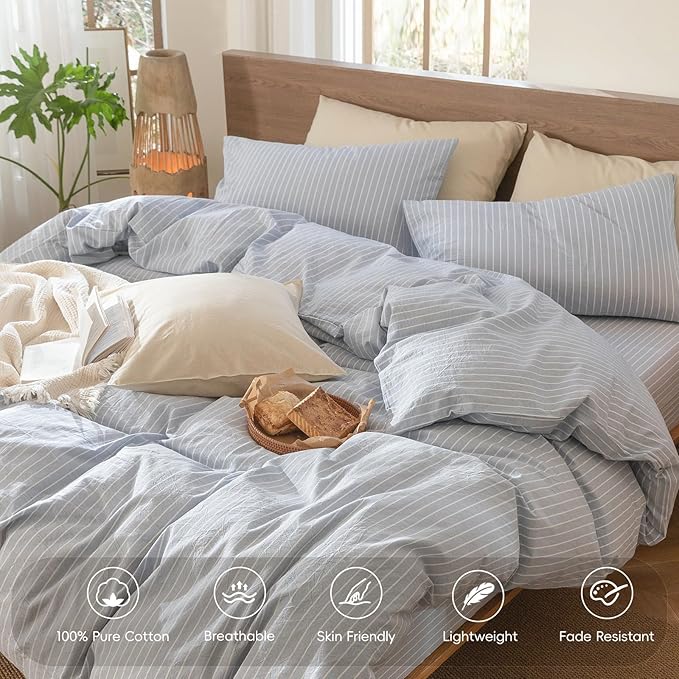 MooMee Striped Duvet Cover Set 100% Washed Cotton Linen Like Textured Breathable Durable Soft Comfy (Cornflower Blue White Wide Stripes, Super King 108"x98")