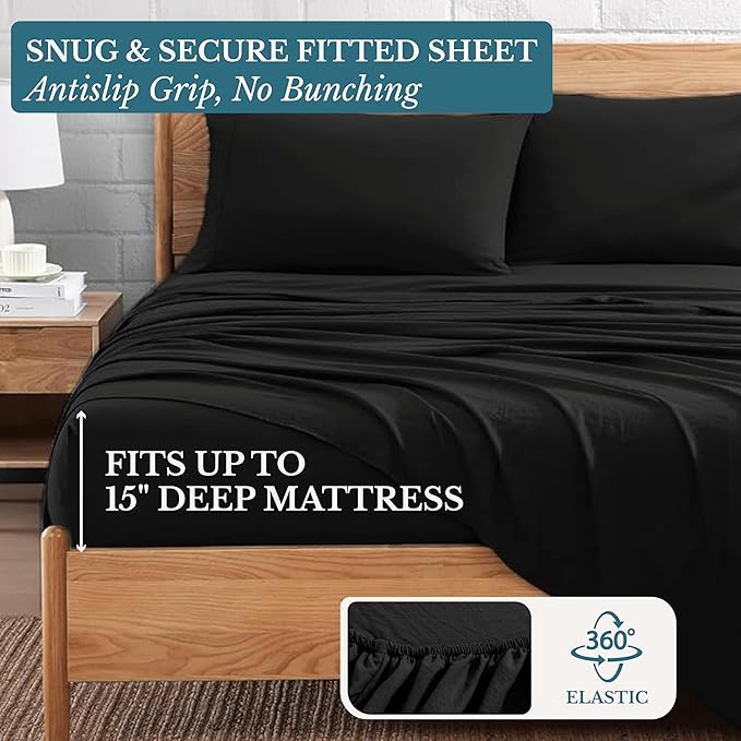 Casa Platino Twin Bed Sheet Set, Pre-Washed Twin Sheets Set, 3 Piece Set, Ultra Soft & Breathable Sheets, Brushed Microfiber Bedding with 15-Inch Deep Pockets, Bunk Bed Sheets – Black