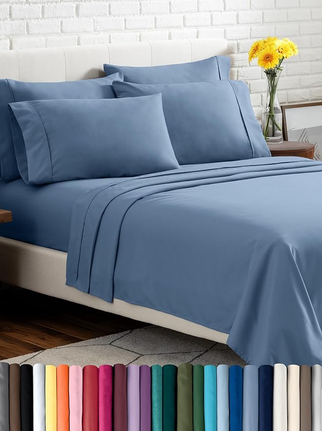 Bare Home Hotel Luxury Split King Sheet Set, Extra Soft, Deep Pockets, Easy Fit, Cooling & Breathable, Wrinkle, Fade, Stain Resistant, Includes 4 Pillowcases (Split King, Coronet Blue)