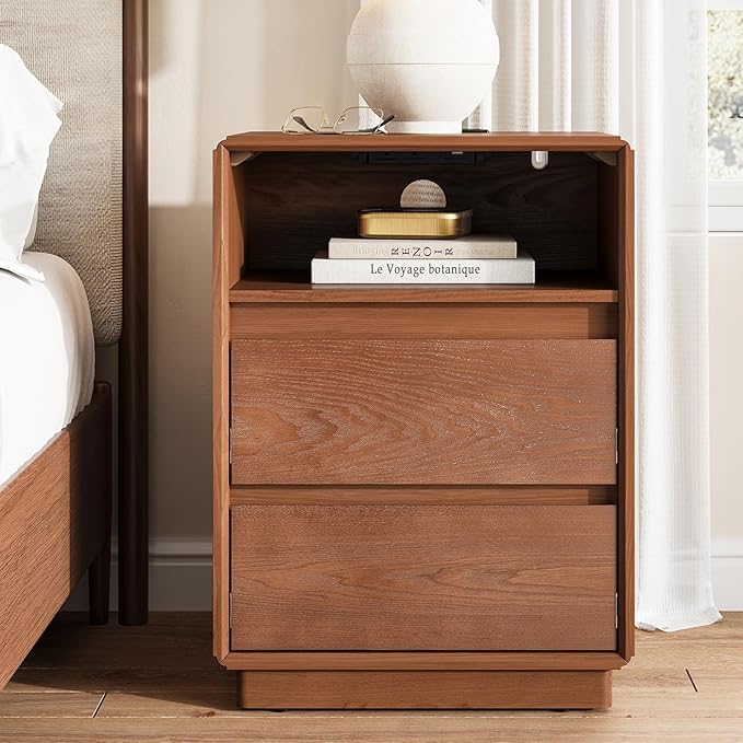 Solid Wood Nightstand, Natural Wood Night Stand with Charging Station, Mid Century Modern Nightstand with 2 Drawers and Storage Shelf, Bedside Table for Bedroom, Office, Brown