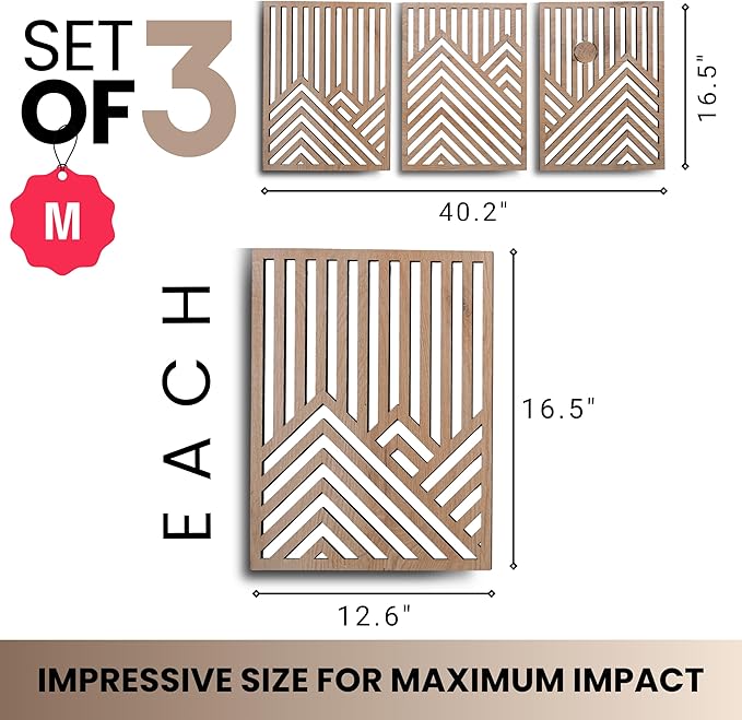qmmp Modern Wooden Wall Sculptures - Set of 3 - Home Decor Accent - Large Wall Art for Living Room, Bedroom, Office - Easy Installation (Oak, Medium - Mountain and Sun)
