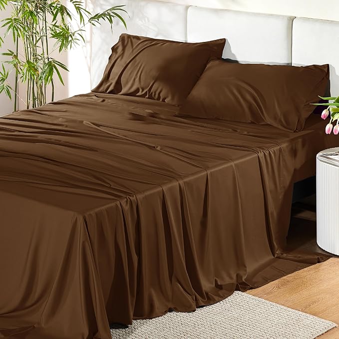 Bedsure Full Size Bed Sheets, Cooling Sheets, Rayon Derived from Bamboo, Breathable & Soft, Deep Pocket Up to 16 Inches, Hotel Luxury Silky Bedding for Hot Sleepers, Brown