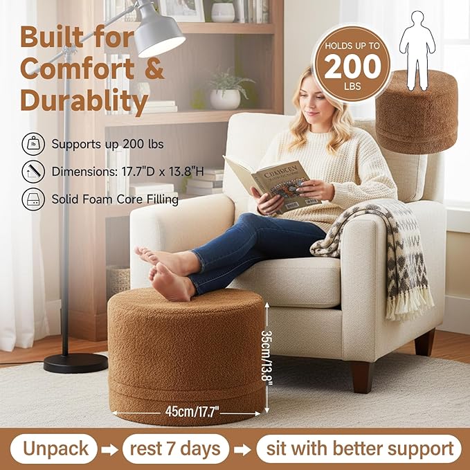 Tiita Pouf Ottoman and Foot Rest, Round Foam Stuffed Floor Pouf with Storag for Living Room, Brown