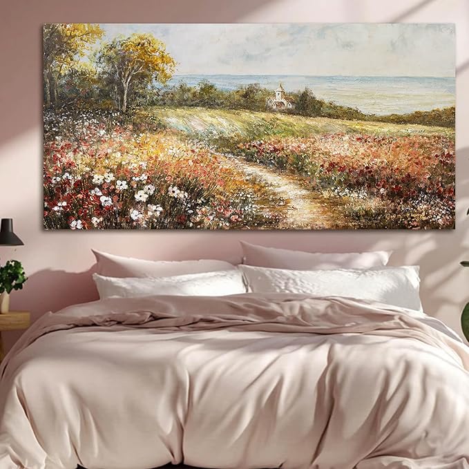 YETHEN WAL Floral Country Meadow Canvas Wall Art – Extra Large Cottage Landscape Panoramic Print, Rustic Farmhouse Countryside Décor for Living Room Bedroom, 29×58 Inch