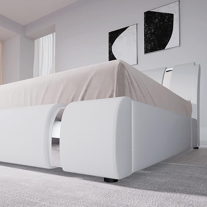 Allewie Queen Size Platform Bed Frame with Iron Piece Decor, Faux Leather Upholstered Bed with Curved Adjustable Headboard, Wooden Slats Support, No Box Spring Needed, Modern Style, White