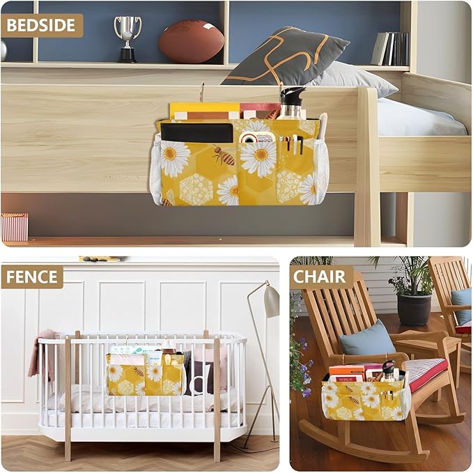 Bedside Caddy Hanging Bunk Bed Caddy Bed Organizer Hanging Pocket with 2 Hooks Bedside Storage Organizer Pocket Bag Holder Yellow Honeycomb Bee Daisy
