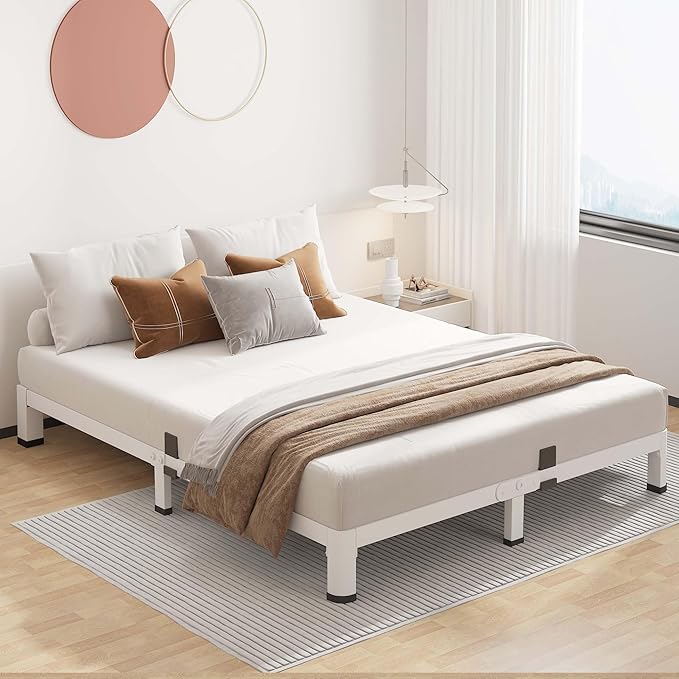 ROIL 4 Inch White King Bed Frame with Rounded Corner and Mattress Retainers, 3500LBS Heavy Duty Steel Slats No Box Spring Needed Platform Noise-Free Easy Assembly