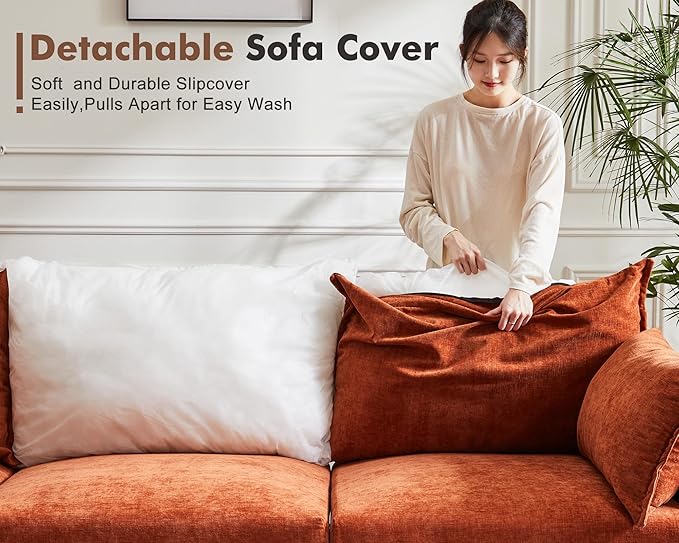 ABCASA Oversized Loveseat Sofa, Modern Modular Sectional Couch Terracotta Orange Fluffy Chenille Mid Century 2-Seat 24.5" Deep Seat for Apartment, Living Room, Bedroom