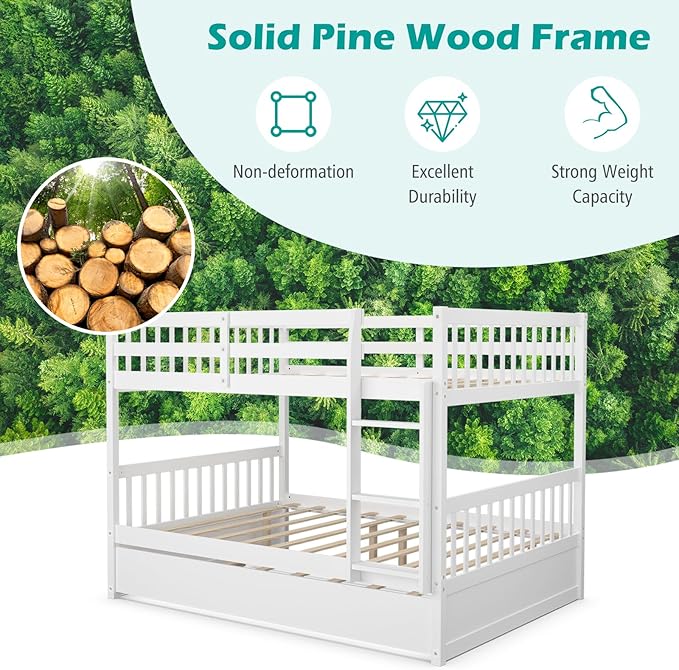 Giantex Full Over Full Bunk Bed with Trundle, Solid Wood Trundle Bed Frame w/Guardrails and Ladder, Convertible to 2 Beds, Full Size Bunk Beds for Adults Kids Teens, No Box Spring Needed, White