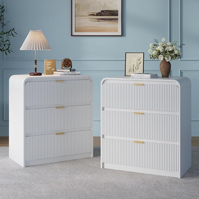 FURSUN 32" Tall Fluted Nightstand Set of 2, 3 Drawers Wooden End Table w/Storage, Curved Profile Design, Modern Bedside Table for Bedroom, Solid White