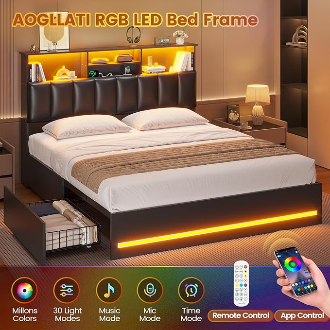 AOGLLATI Queen Bed Frame with Stylish Bookcase Headboard & Charging Station & LED Lights,Queen Size Bed Frame with 4 Drawers and Metal Slats, No Box Spring Needed,Black