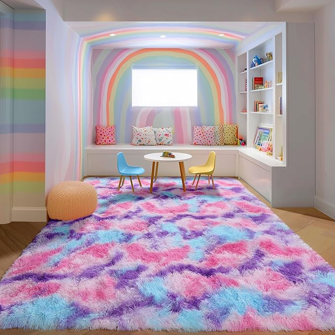 PAGISOFE Ultra Soft Rainbow Area Rugs for Girls Bedoom 4x6 Ft, Fluffy Cute Colorful Pastel Princess Carpet for Kids Teens Nursery,Dorm Rug for Room Decor Aesthetic,Hot Pink Purple Bedroom Decor