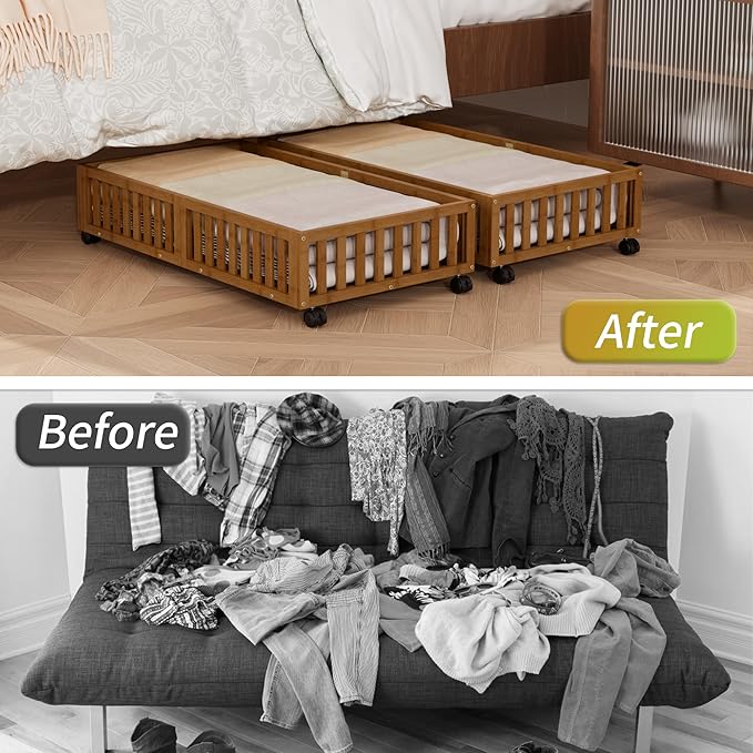 Bamboo Under Bed Storage with Wheels,Rolling Underbed Shoe Organizer Box for Shoes,Blankets,Toys,Clothes Container Space-Saving Bins for Bedroom,Closet,Dorm,Nursery