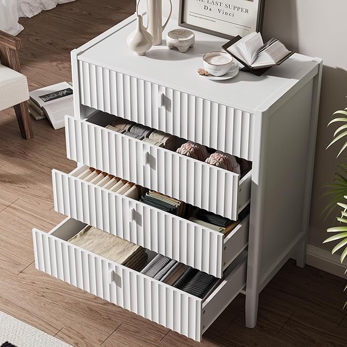 White 4 Drawer Dresser, Modern Chest of Drawers for Bedroom, Wood Fluted Dresser Organizer with Deep Drawers for Clothes, Nightstand for Bedroom, Hallway, Living Room, Entryway