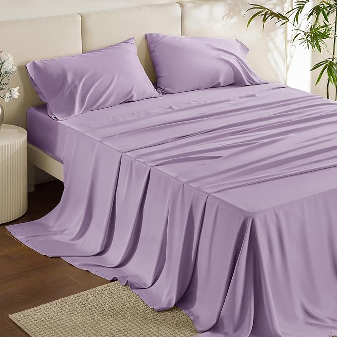 Bedsure California King Sheet Sets, Cooling Sheets for Hot Sleepers, Rayon Derived from Bamboo, Breathable & Soft, Deep Pocket Up to 16 Inches, Hotel Luxury Silky Bedding, Lilac