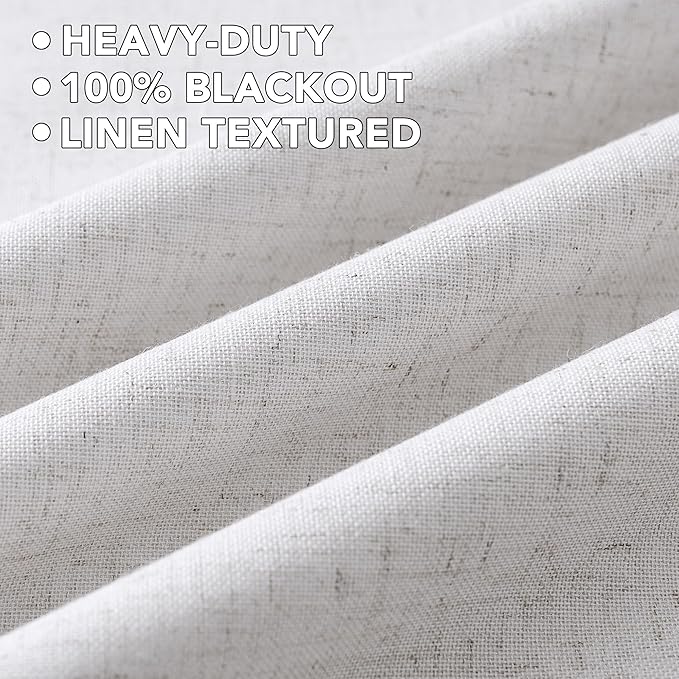 H.VERSAILTEX Linen Curtains 100% Blackout Curtains for Bedroom 45 inch Long Full Light Blocking Nature Linen Blended Window Curtains for Living Room Nickel Grommet (2 Panels, Heathered White)