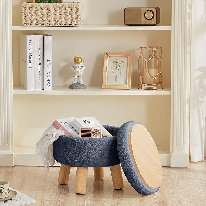 FIMIVIBI Small Foot Stool Ottoman with Storage, Sherpa Ottoman Foot Rest for Couch, Round Footstool with Storage, Small Ottomans and Footstools for Living Room and Entryway (Navy Blue)