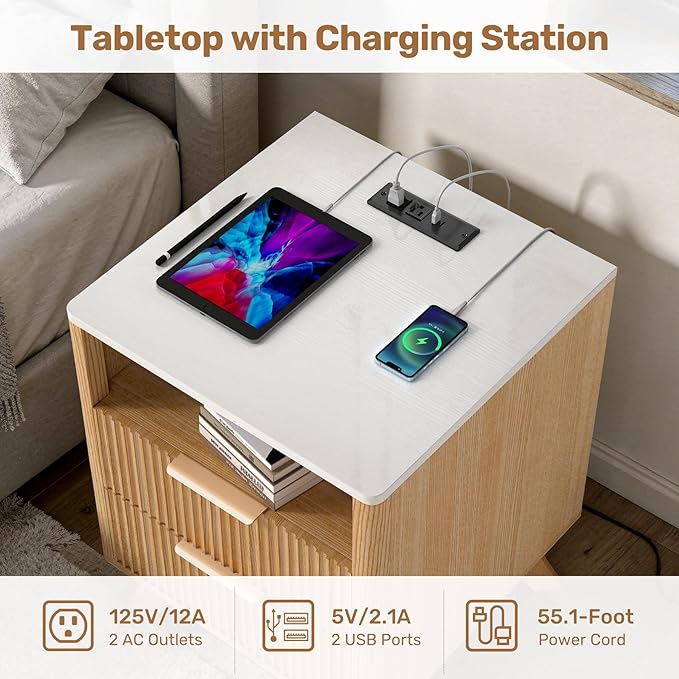Modern Nightstand Set of 2, Bedside Tables with Charging Station & Drawer, Mid-Century End Tables for Bedroom, Sturdy Storage Side Tables,Natural Oak