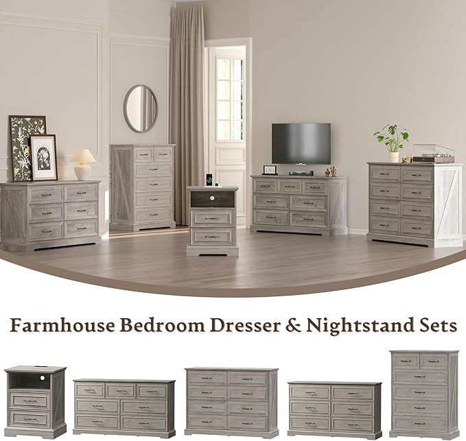 Farmhouse 8 Drawers Dresser for Bedroom, 48" Wide Modern Chest of Drawers with Deep Drawers & Bar Handles, Rustic Wood Dresser TV Stand, Wooden Closet Storage Organizer for Living Room, Hallway, Grey
