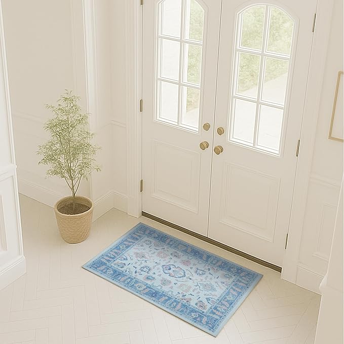 Fame Rugs Blue Modern Oushak Rug 2x3, Vintage Doormat Turkish Colorful Oriental Antique Inspired Washable Small Area Rug, Luxury Living Room Bedroom (995BB, 2' x 3')