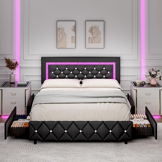 BarnFurin Queen Bed Frame with LED Lights, Upholstered Bed Frame with Storage Drawers, Modern Platform Bed with Diamond Headboard and Footboard, No Box Spring Needed, Black