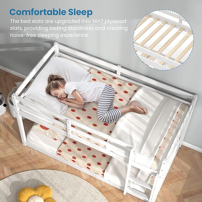 KOMFOTT Low Bunk Bed Twin Over Twin, Solid Wood Bunk Bed Frame with Built-in Ladder & Safety Guardrails, Space-Saving Low Bunk Bed for Kids, Teens, No Box Spring Needed
