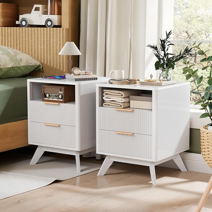 Modern Nightstand Set of 2, Side Table with Charging Station,Bedside Tables with Drawer, Mid-Century End Tables for Bedroom, Sturdy Storage Side Tables,White