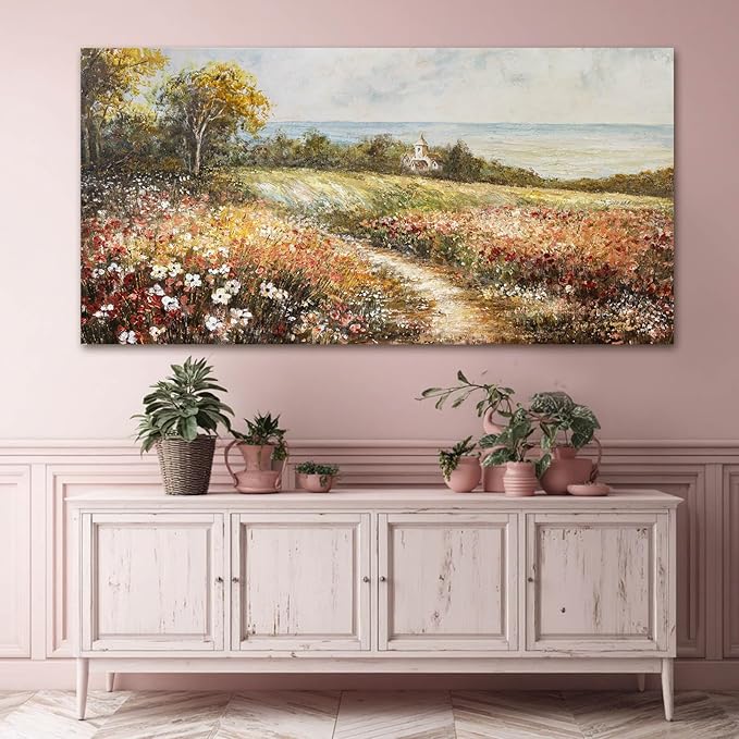 YETHEN WAL Wildflower Meadow Landscape Wall Art with Cottage – Panoramic Country Path Canvas Print, Floral Nature Artwork for Living Room Bedroom, 24x48 Inch