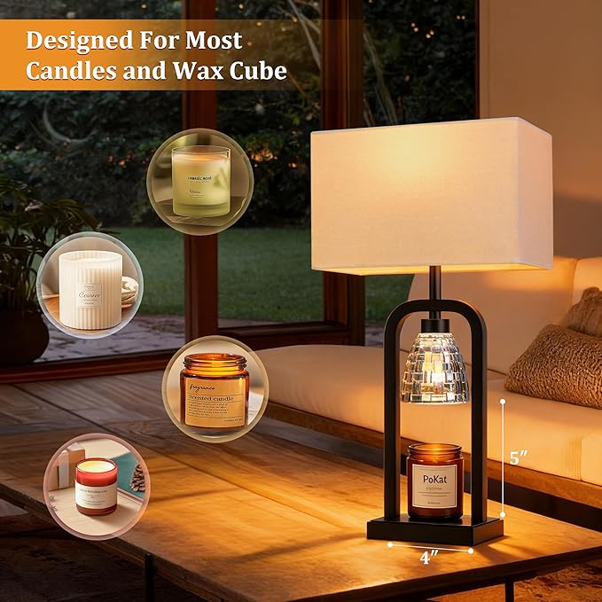 PoKat Table Lamps with Candle Warmer & Timer for Bedroom, Modern Bedside Lamps Set of 2 for Night Stands, 21.5'' Bedroom Lamps Decor for Living Room, Side Table, Hallway, Bulbs Included, Matte Black