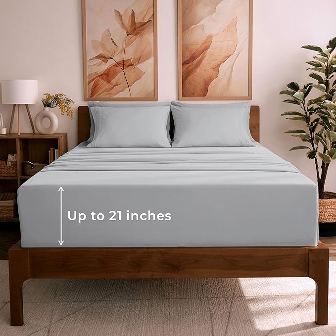 Mellanni Queen Sheet Set - 6-Piece Iconic Collection Bedding, (Including 4 Pillowcases), 21-Inch Extra Deep Pocket, Easy Care, Ultra Soft, Cooling Sheets, Brushed Microfiber - Light Gray