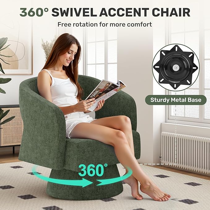 Swivel Accent Chair Set of 4, Modern Comfy Chenille Barrel Chairs, Oversized Upholstered Round Arm Chair for Living Room, Bedroom, Reading Room, Green