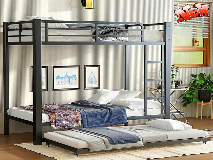 LUCALEO Stronger & Truly Reinforced Heavy Duty Metal Bunk Bed Twin XL Over Twin XL Size Bunkbed, Thickened More Stable & Safer Steel Bunk Bed Frame with Twin Size Trundle (Greater Weight Capacity)