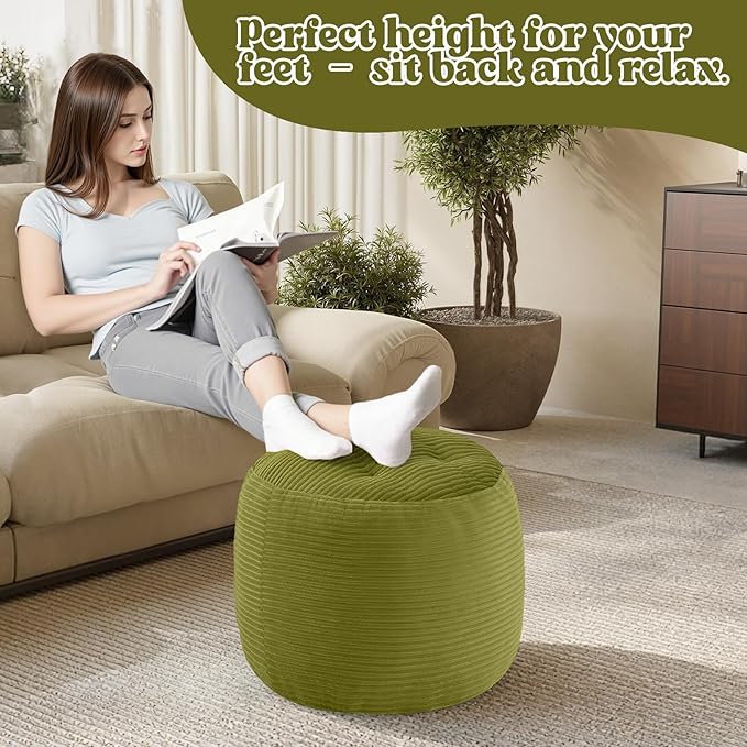 MeMoreCool Stuffed Round Pouf Ottoman Foot Rest, Floor Pouf Foot Stool with Soft Foam Chunk Filling, Round Small Ottoman Footstool Circle Footrest for Couch Living Room, Corduroy Green