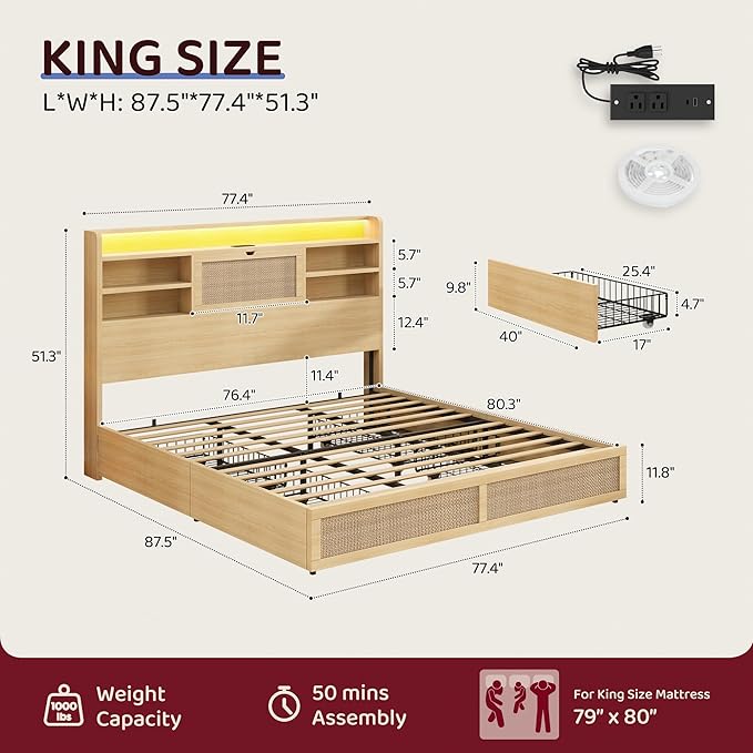King Size Rattan Bed Frame with 4 Storage Drawers and Hidden Storage Headboard Wooden Platform Bed Frame with LED Lights and Charging Station, No Box Spring Needed, Easy Assembly, Natural