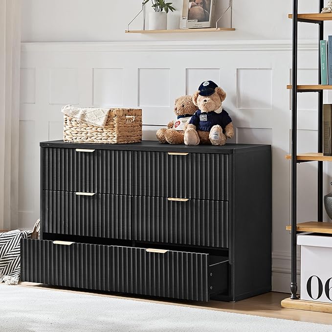 LEYAOYAO 48" Wide Fluted Dresser and 3 Drawers 23" Nightstand Set of 2, Wooden Dresser & Night Stand with Charging Station, 3 Piece Bedroom Furniture Set, Wood Chest of Drawer for Living Room,Black