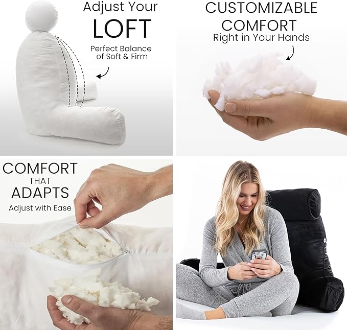 Husband Pillow Medium Aspen Edition Stable Black, Sit Up Reading & Bed Rest with Arms, Ultra-Comfy, Detach Neck Roll - Premium Shredded Memory Foam Backrest, Reverses to Micro: Suede or Plush