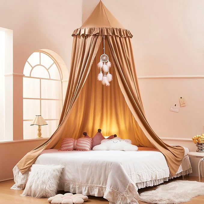 Akiky Kids Bed Canopy for Crib & Twin Size with Ruffles Dreamcatcher, Boys Princess Girls Nursery Room Decor Toddler Baby Dome Round Hanging Tent Curtains Skirt Over Bed Reading Nook Play Nougat