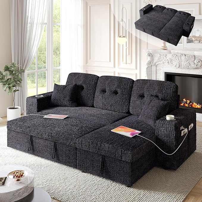90 Inch Sleeper Sofa Bed, 4 in 1 Pull Out Couch Bed with Adjustable Backrest | Reversible Storage Chaise | Wide Armrest | Tool Free Assembly, Sectional Couches for Living Room, Navy Blue