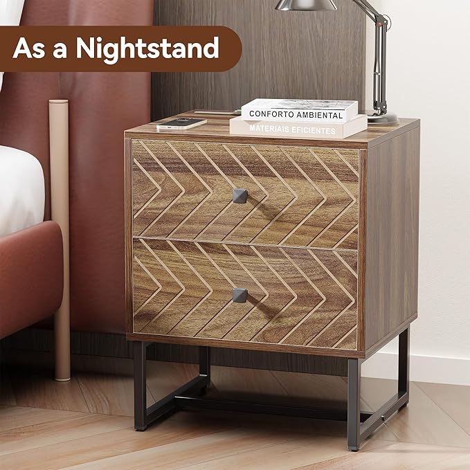 Modern Nightstand with Two Storable Drawers,Sturdy Bedside Table Space-Saving Night Stand with Black Metal Legs for Bedroom,Walnut