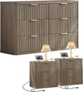 LEYAOYAO 48" Wide Fluted Dresser and 3 Drawers 23" Nightstand Set of 2, Wooden Dresser & Night Stand with Charging Station, 3 Piece Bedroom Furniture Set, Chest of Drawer for Living Room,Grey