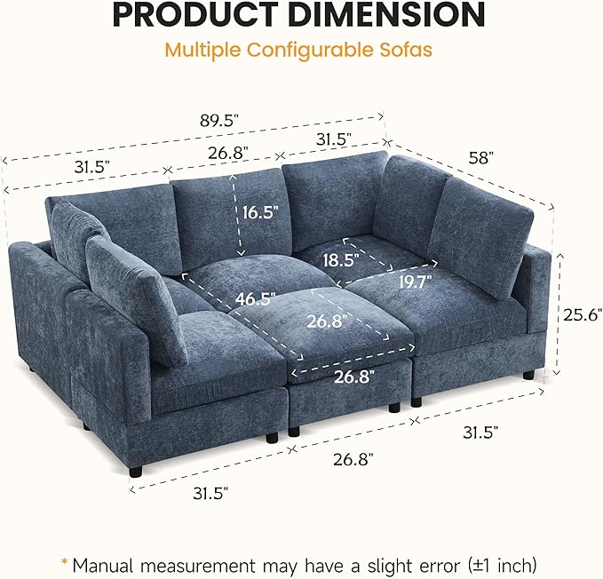 89'' Modular Sectional Cloud Sofa Bed, 6-Seater Convertible Sofa Couch with Ottoman, Modern Deep Seat Sleeper Sofa for Living Room, Chenille Blue
