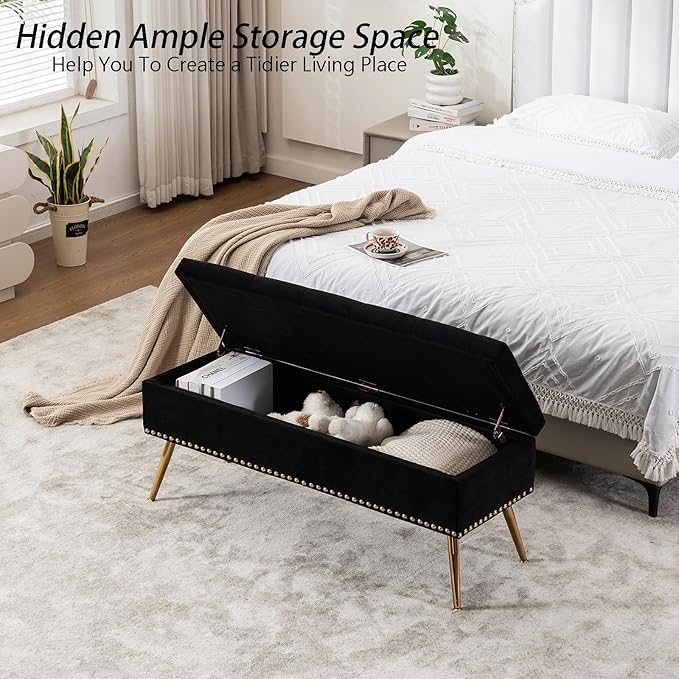 Velvet Storage Bench with Gold Legs& Nailhead Trim, 46" Wide Upholstered Modern Bedroom Bench for End of Bed, Tufted Ottoman for Entryway Living Room Dining Room (Black, 46" Wide)