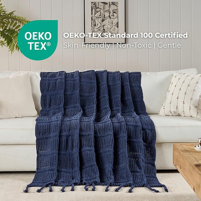 Boho Knitted Chenille Blanket with Tassels - Lightweight & Soft All-Season Throw - 3D Classic Pattern for Living Room Bedroom Couch, Royal Blue, Queen 90"x90"