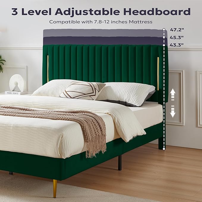Full Platform Bed Frame, Velvet Upholstered Bedframe with Vertical Channel Adjustable Headboard, Golden Plating Trim, Mattress Foundation with Wooden Slats, No Box Spring Needed, Green