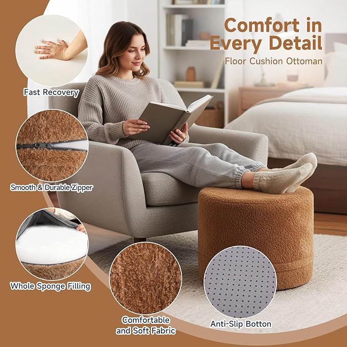 Tiita Pouf Ottoman and Foot Rest, Round Foam Stuffed Floor Pouf with Storag for Living Room, Brown