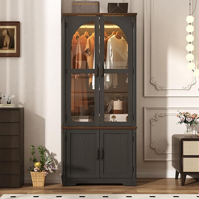 Tall Farmhouse 2 Doors Armoire Wardrobe Closet with LED ,72" Freestanding Arched Wardrobe Closet Cabinet for Bedroom w Glass Doors,Wooden Clothing Storage Cabinet,Closets for Bedroom(Black)