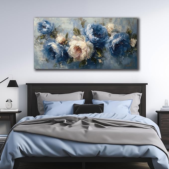 JuhaiArt Flower Wall Art for Living Room Bedroom Home Office White Wall Decor Floral Wall Picture Blue Prints Peony Artwork Art 24" x 48"
